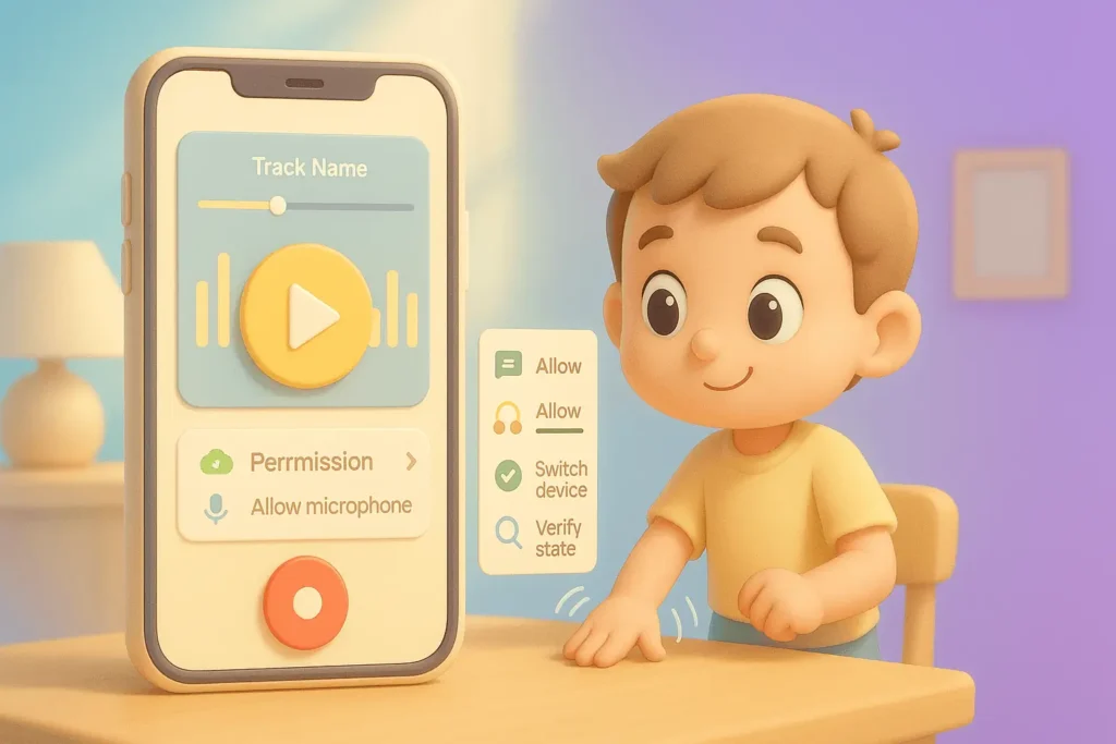 Cartoon child using a smartphone app with permission settings and a large play button, standing near a desk.