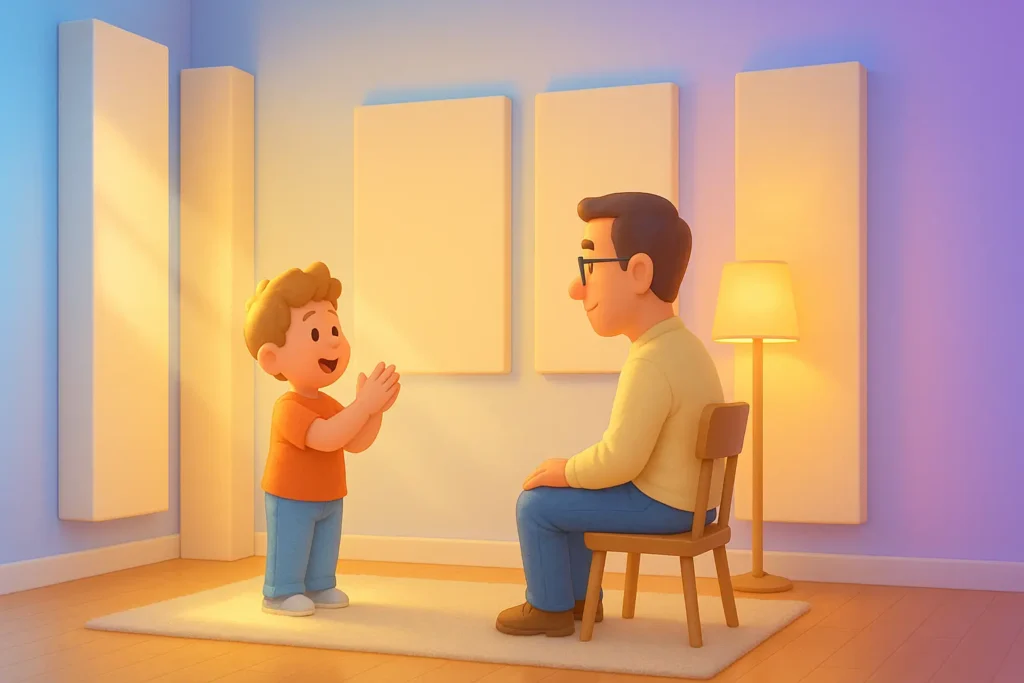 Animated illustration of a child happily talking to a seated adult in a warmly lit room with acoustic panels.