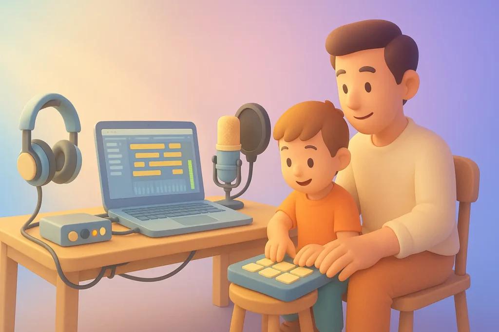 Father and son making music together; laptop, microphone, and headphones on the desk.