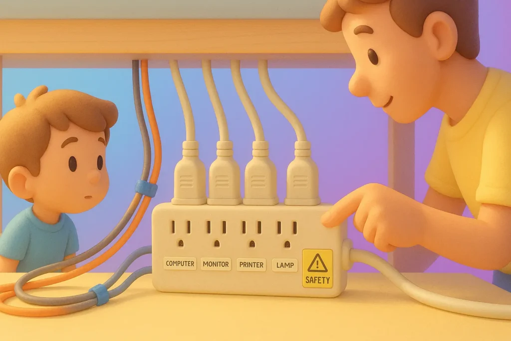 Animated characters discussing power strip safety, with labeled plugs for computer and lamp, under a desk.