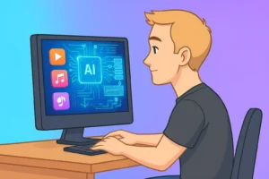 Illustration of a person using a computer with AI interface and media icons, in a blue-purple room.