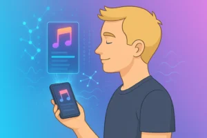Illustration of a person holding a smartphone with a music app, featuring abstract digital and musical symbols around.
