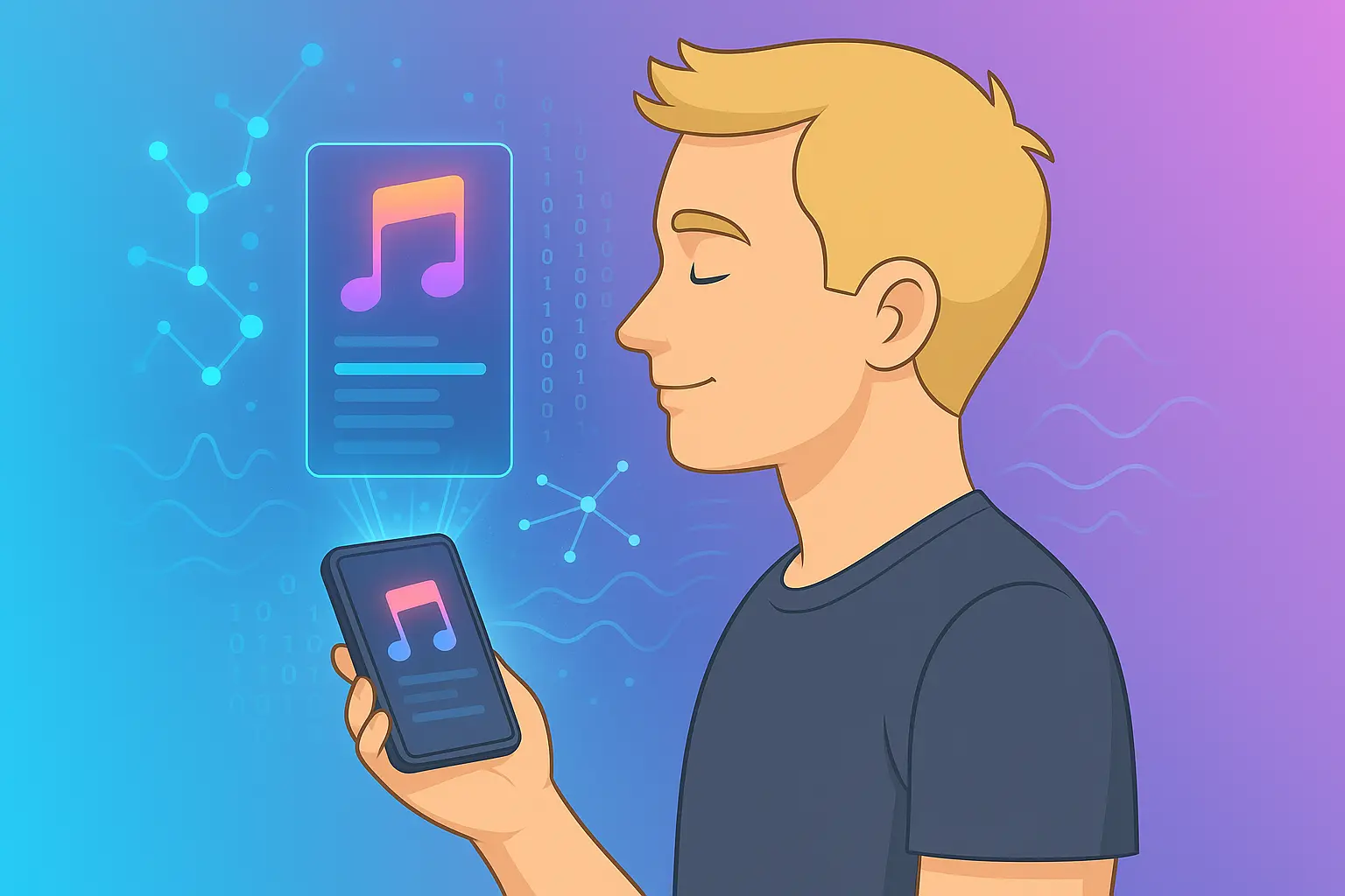 Illustration of a person holding a smartphone with a music app, featuring abstract digital and musical symbols around.