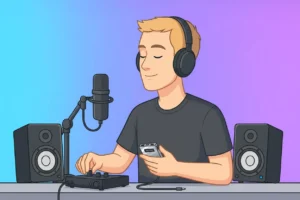 Illustration of a person wearing headphones, using audio equipment with a microphone and speakers, on a gradient background. with best Audio Accessories