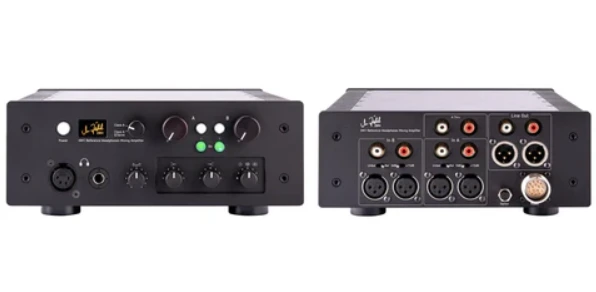 Black audio interface showing front controls and rear input/output connections. For soundhub's blog Best  Audio Accessories.