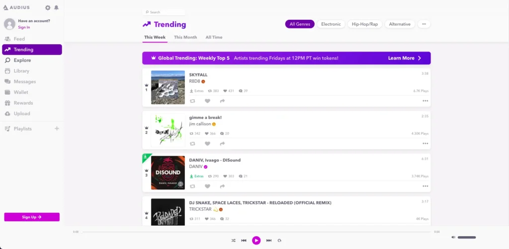 Audius music dashboard