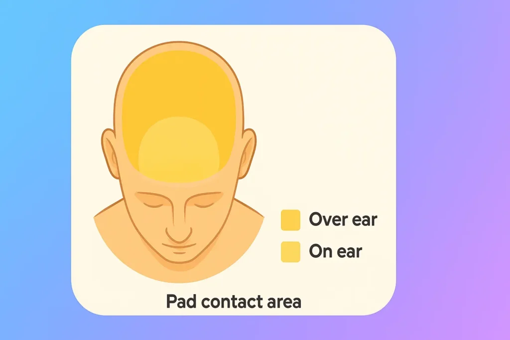 Illustration showing over-ear and on-ear headphone pad contact areas on a head with labeled yellow regions.