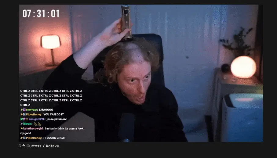 Person shaving the top of their head during a live stream, surrounded by chat messages and dimly lit room.