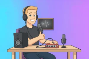 Illustration person setting up a recording studio with microphone, audio interface, headphones, and speaker.How to Set Up a Home Recording Studio