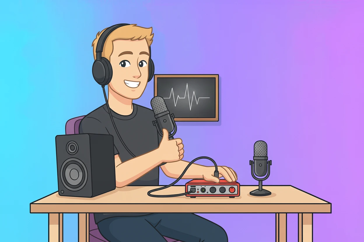 Illustration person setting up a recording studio with microphone, audio interface, headphones, and speaker.How to Set Up a Home Recording Studio