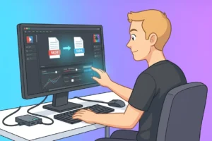 Illustration of a person converting video formats on a computer using software, from MOV to MPA, with graphs and settings visible. MOV to MP4 Converters