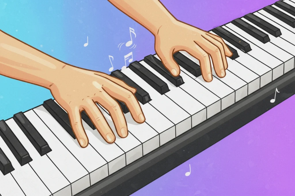Illustrated hands playing a keyboard, with floating musical notes on a blue to purple gradient background. for the sounhubs blog How to Bring Piano Sheet Music to Life: An Expert Guide