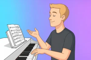 Illustration person playing piano with sheet music on a music stand, gesturing expressively with one hand.