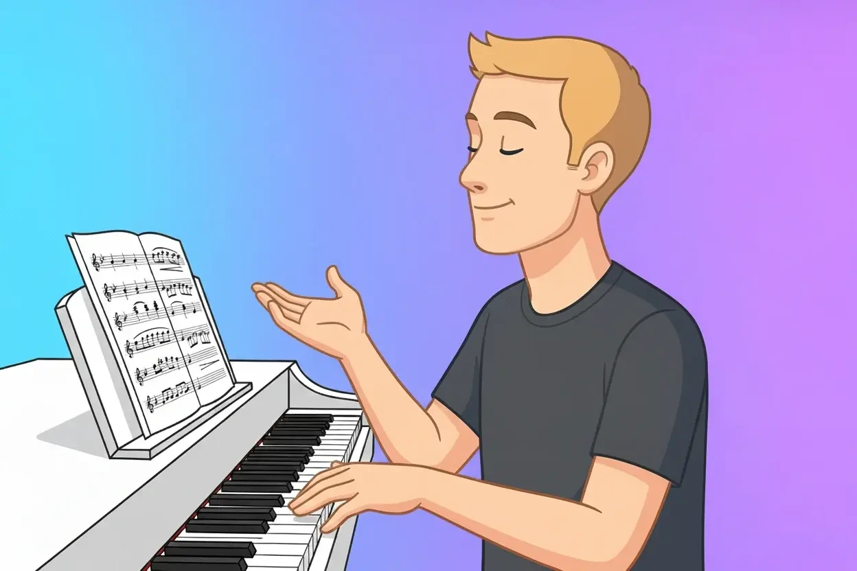 Illustration person playing piano with sheet music on a music stand, gesturing expressively with one hand.
