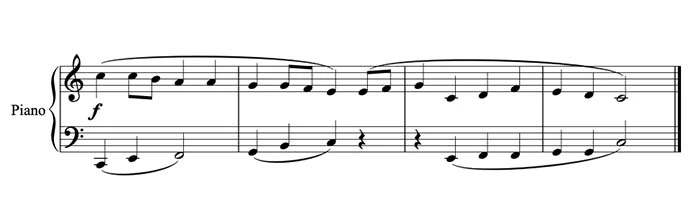 Sheet music for piano featuring treble and bass clefs with quarter and eighth notes, marked with dynamics symbol 'f'.