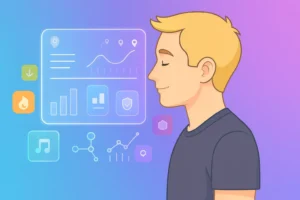 Cartoon man facing data dashboard with graphs, icons, and music symbol on a gradient background.