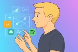 Illustration of a person interacting with virtual icons, including a map, download, and Spotify logo, on a colorful background.