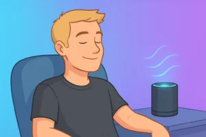 Ilustration of person relaxing in a chair, eyes closed, beside a smart speaker emitting sound waves on a desk.