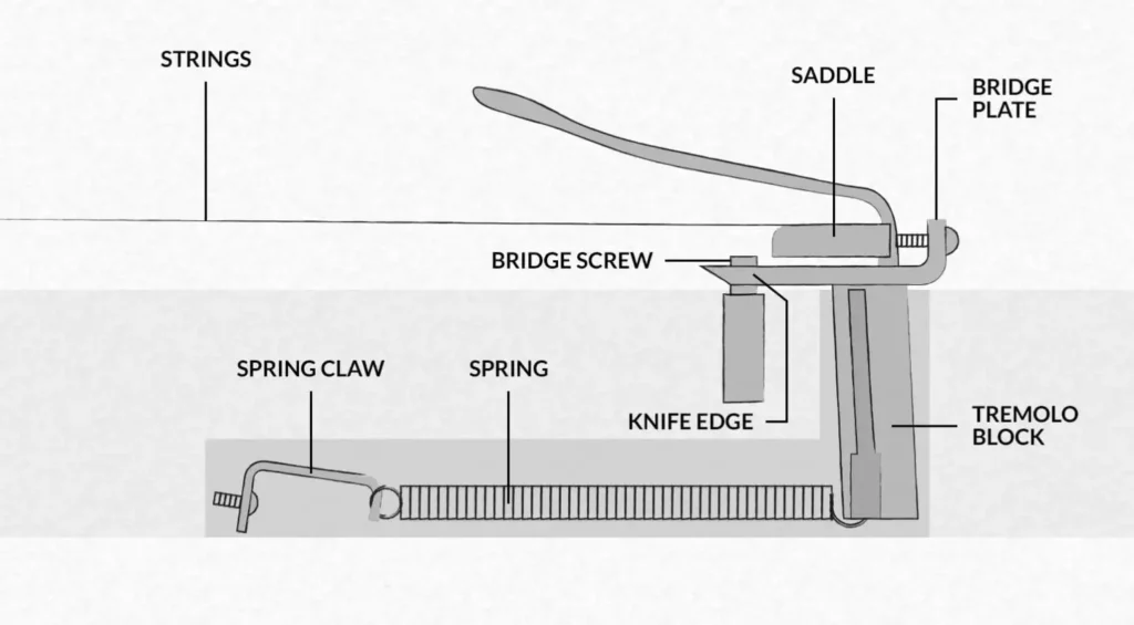 Diagram of a tremolo system showing strings, saddle, bridge plate, spring claw, and tremolo block components.