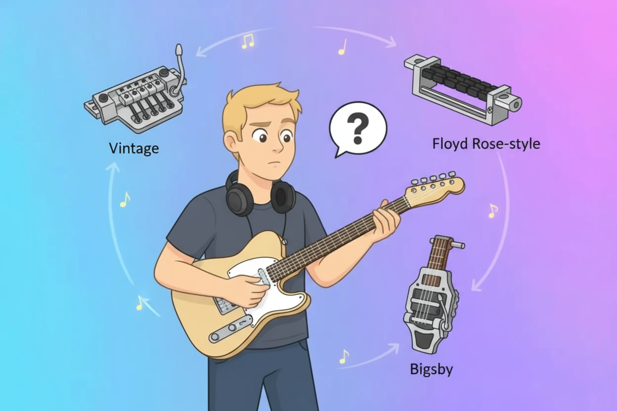 Illustration person with a guitar, questioning various tremolo systems: Vintage, Floyd Rose-style, and Bigsby.