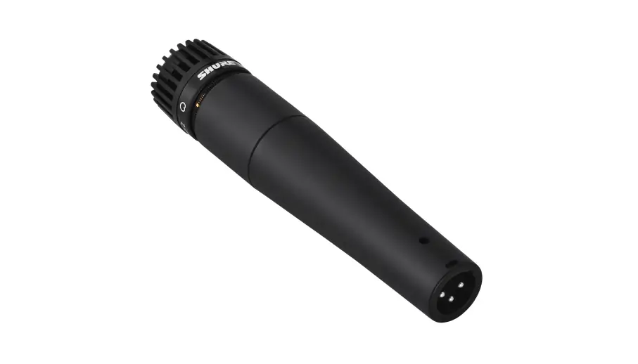 Black dynamic microphone with a cylindrical body and grille, angled to the right against a white background.
