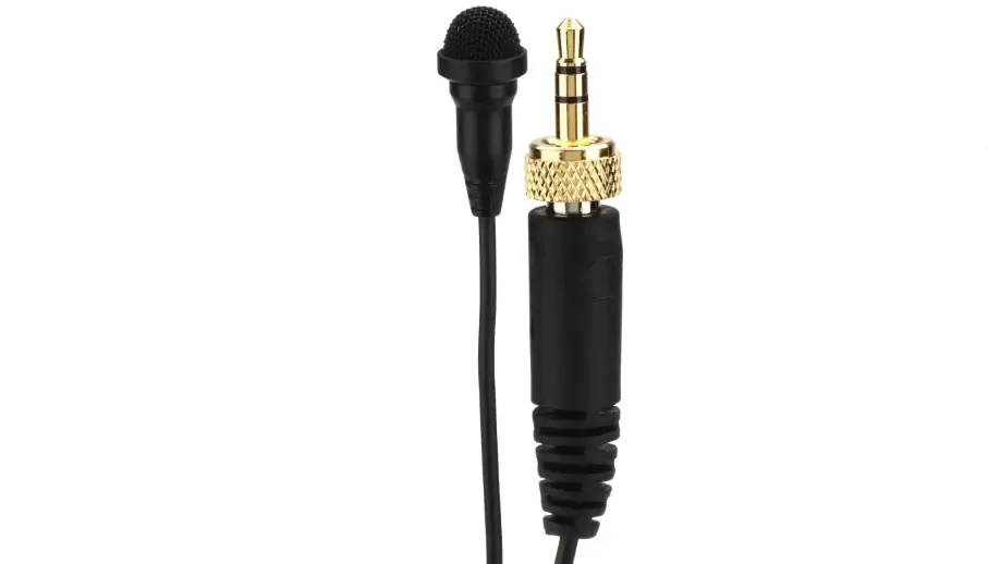 Lavalier microphone with a gold-plated 3.5mm audio jack and black cable.