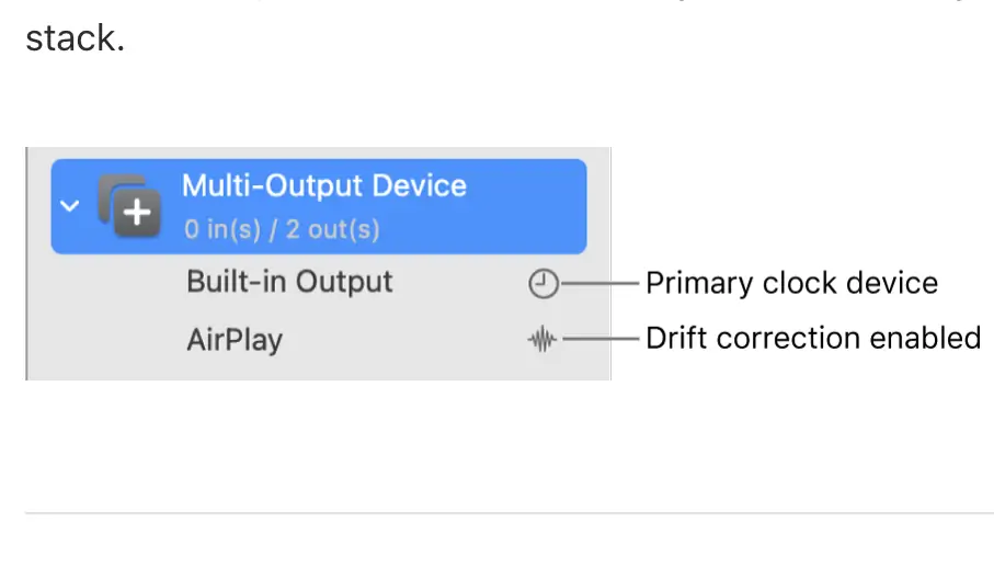 Settings panel showing a multi-output device with built-in output as primary clock and AirPlay with drift correction enabled.