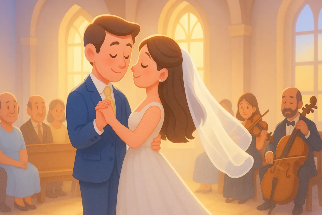 Cartoon couple dances at wedding, surrounded by guests and string musicians in a softly lit chapel.