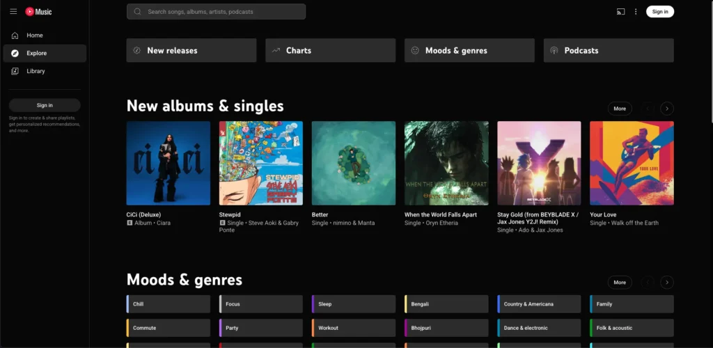 YouTube music dashboard