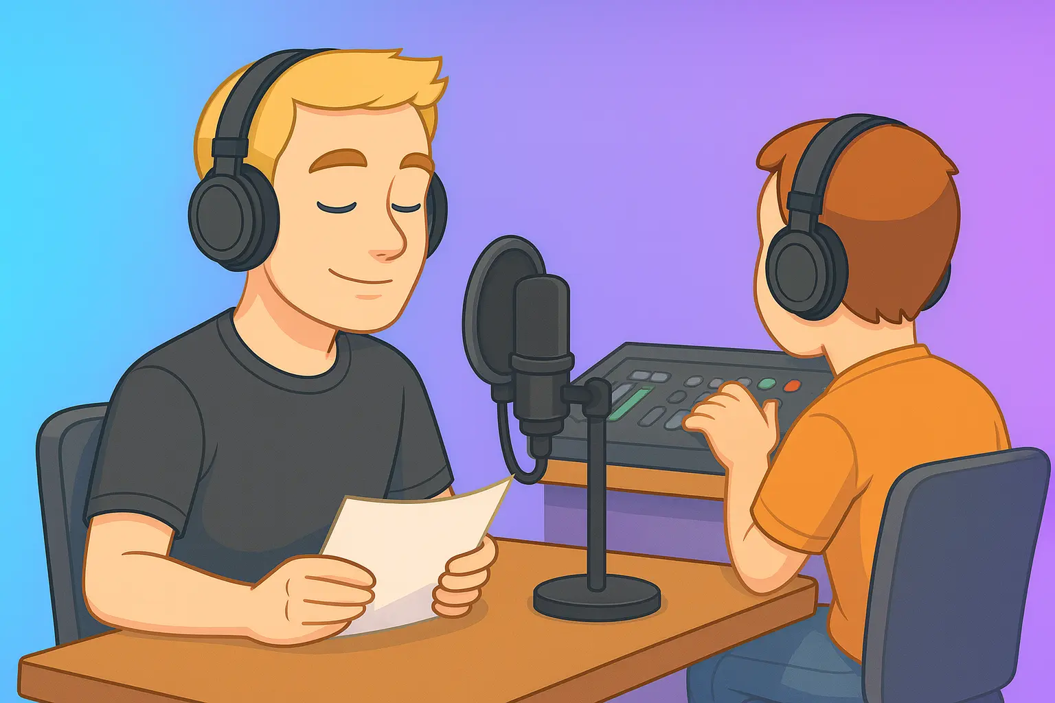 Two illustration characters wearing headphones, recording a podcast at a studio with a microphone and audio mixer.