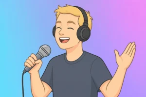 Illustration of a person singing into a microphone, wearing headphones, with a blue-to-purple gradient background.