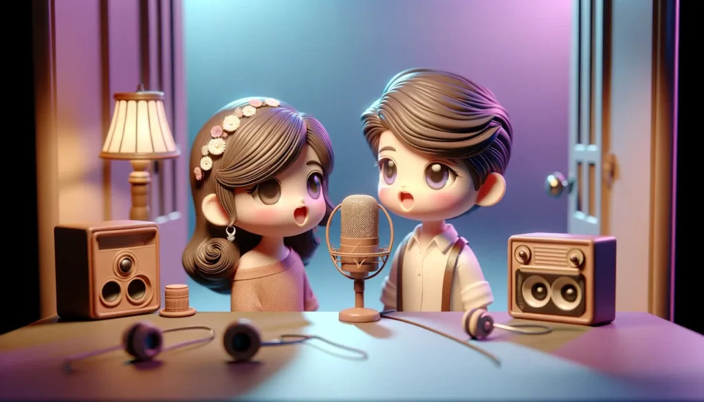 Cartoon children using a microphone with dubbing strategies