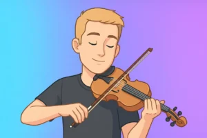 Illustration of a person playing a violin with a tranquil expression, highlighting affordable violins.
