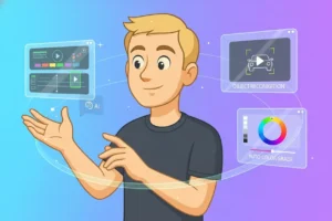 Illustration of a person interacting with AI and Machine Learning video editing tools like object recognition and auto color grade.of