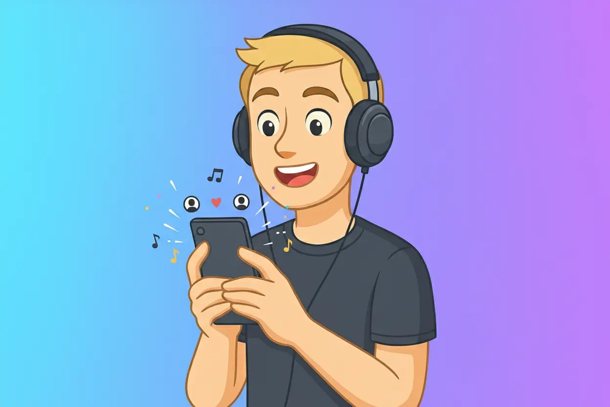 Cartoon of a smiling person wearing headphones, holding a phone with music notes and emojis floating around.