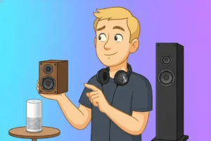 Cartoon person with headphones holding a wooden speaker, pointing, with a smart speaker on a table, large speaker behind.