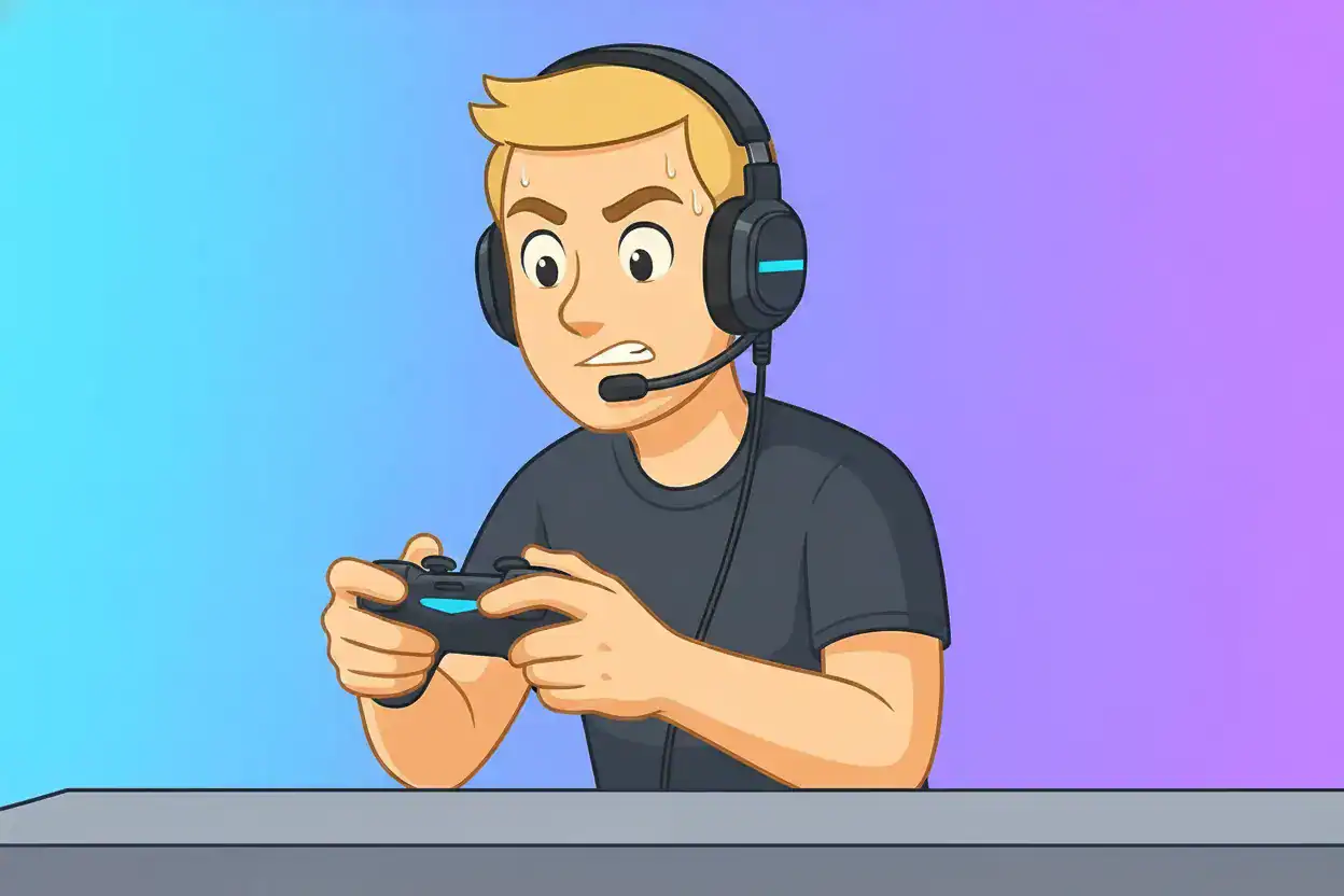 Cartoon gamer with headphones and controller, sweating and focused, against a blue-purple gradient background.