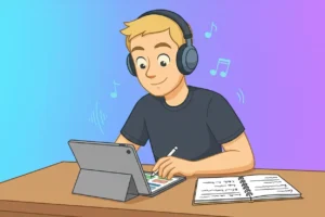 Illustration of a person wearing headphones, listening to music while using a tablet and writing notes.