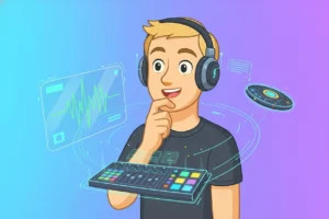 Illustration of a person with headphones, digital audio mixer, and holographic elements, symbolizing music tech trends.