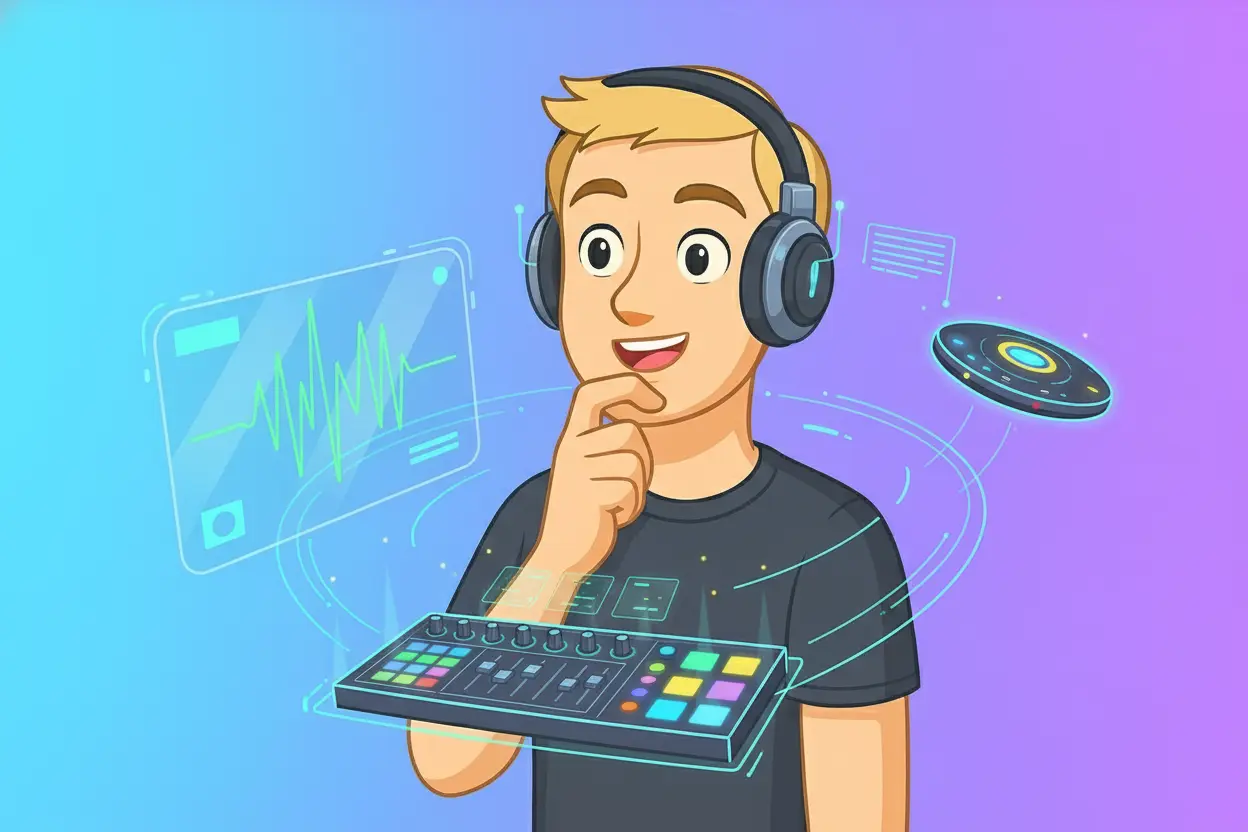 Illustration of a person with headphones, digital audio mixer, and holographic elements, symbolizing music tech trends.