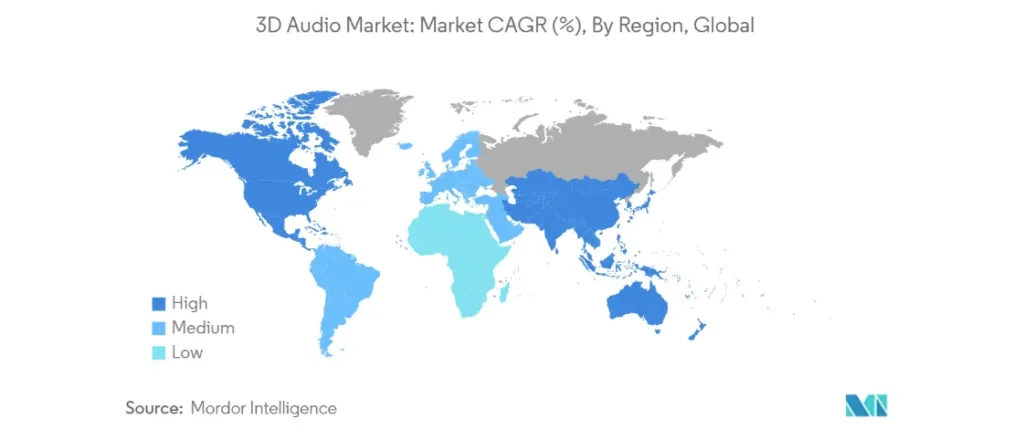 Global 3D audio market growth map shows varying CAGR by region, highlighting key music audio tech trends.