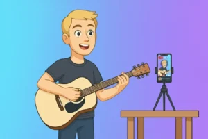 Illustration musician plays guitar while live streaming for music marketing on social media.