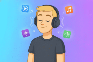 Cartoon person with headphones enjoying music, surrounded by colorful music app icons on a gradient blue-purple background.