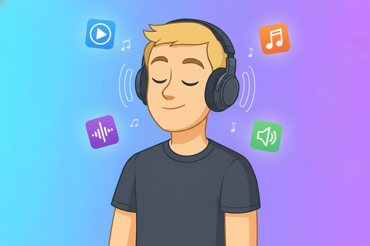 Cartoon person with headphones enjoying music, surrounded by colorful music app icons on a gradient blue-purple background.
