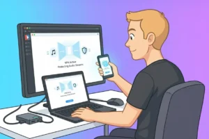 Man using devices secured by VPN for audio streaming privacy, with screens displaying "VPN Active Protecting Audio Streams.