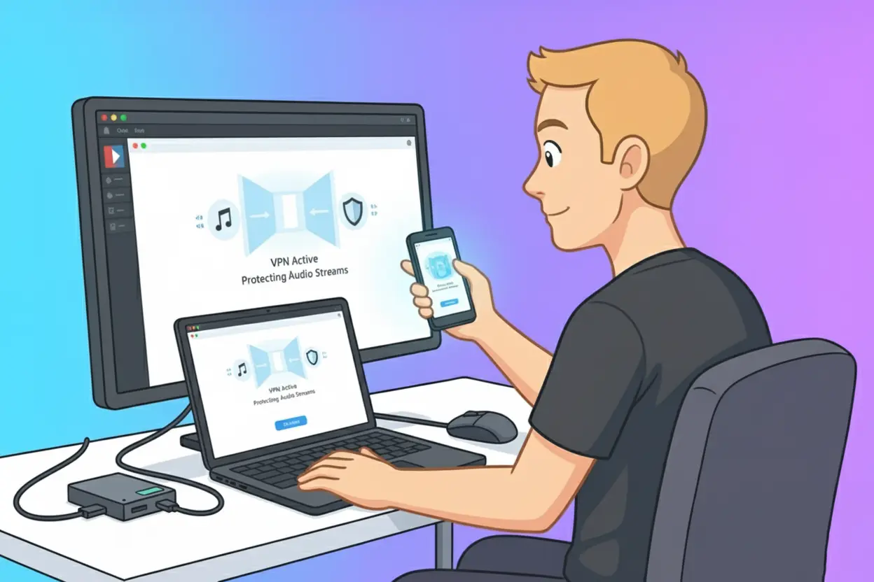 Man using devices secured by VPN for audio streaming privacy, with screens displaying "VPN Active Protecting Audio Streams.