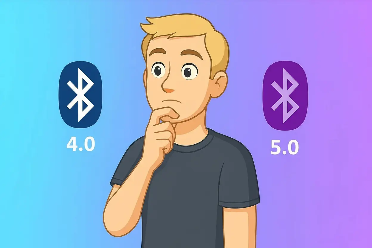 Illustration of person pondering Bluetooth 4.0 vs 5.0, with icons and blue to purple gradient background.