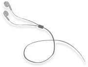 Illustration of wired earphones with interconnected cables on a transparent background.