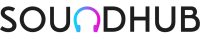 The word "SOUNDHUB" with a colorful gradient headphone icon replacing the letter "O.