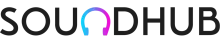The word "SOUNDHUB" with a colorful gradient headphone icon replacing the letter "O.
